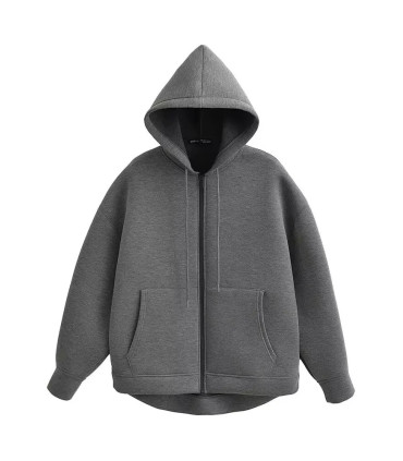 HH automne femmes gris veste avec capuche à manches longues grande poche veste à glissière mant