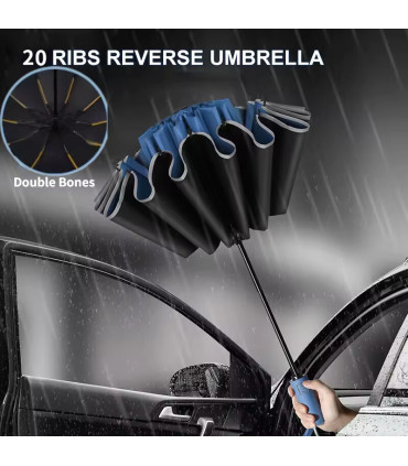 [Blue] Parapluie pliant inversé entièrement automatique pour hommes et femmes, avec bande réflé