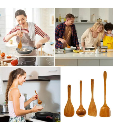 [4pcs] Ensemble d\'ustensiles de cuisine en bois, cuillères en bois pour la cuisine, ustensiles,