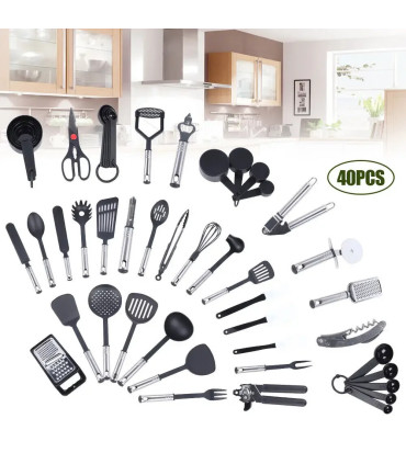 [Black GERMANY] 40 pièces ensemble d\'aide de cuisine en acier inoxydable ustensiles antiadhésif