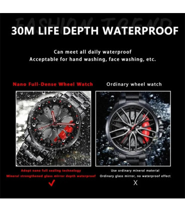 [Black Blue] Montres de roue de voiture en acier inoxydable pour hommes, montre-bracelet à quar