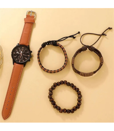 [BROWN] Nouveau Hommes Montre De Luxe Bracelet Ensemble Mode D\'affaires Brun En Cuir Quartz Mon