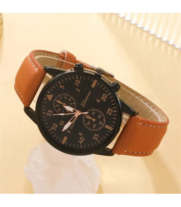 [Black] Nouveau Hommes Montre De Luxe Bracelet Ensemble Mode D\'affaires Brun En Cuir Quartz Mon