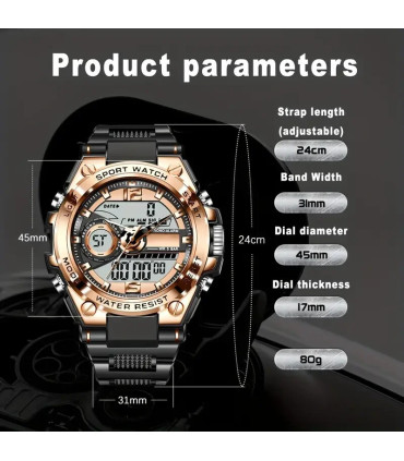 [Black gold] Montre-bracelet militaire numérique en acier pour hommes, horloge à Quartz LED, mo