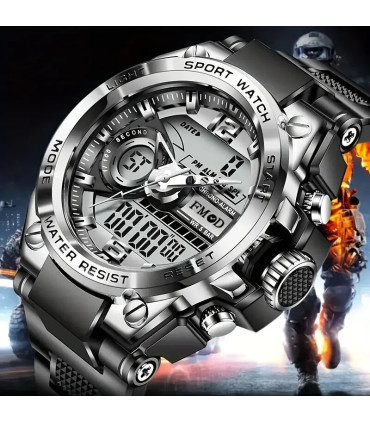 [Bleu] Montre-bracelet militaire numérique en acier pour hommes, horloge à Quartz LED, montre d