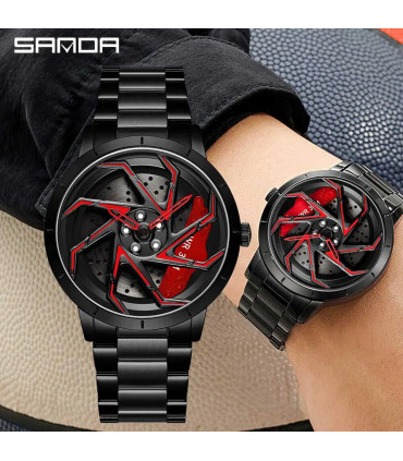 [Leather Silver Red] SANDA-Montre de sport étanche en acier inoxydable pour homme, jante de voi