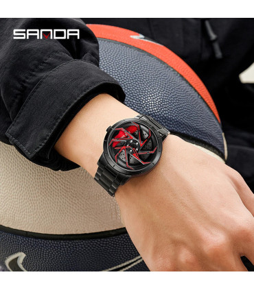 [Steel Blue Red] SANDA-Montre de sport étanche en acier inoxydable pour homme, jante de voiture