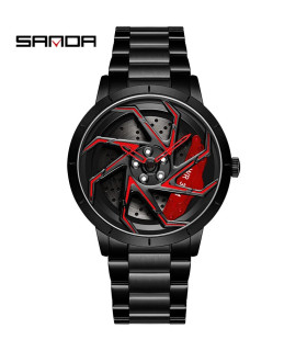 [Steel Black Red] SANDA-Montre de sport étanche en acier inoxydable pour homme, jante de voitur