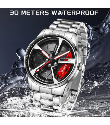 [Silver red] LIGE nouveau sport hommes voiture roue montres affaires étanche montre à Quartz po
