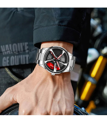 [Silver red] LIGE nouveau sport hommes voiture roue montres affaires étanche montre à Quartz po